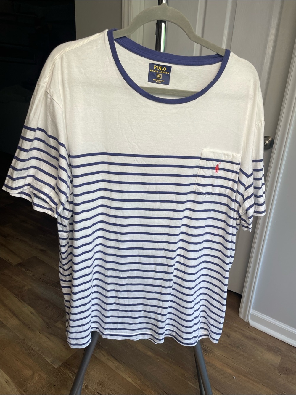 Polo by Ralph Lauren White & Blue Striped Pocket Tee with Red Pony